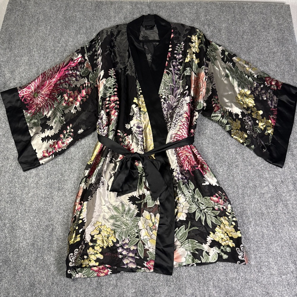 Soma Women's Kimono Robe Silk Blend Sheer Floral Black Belted Tie Size S/M